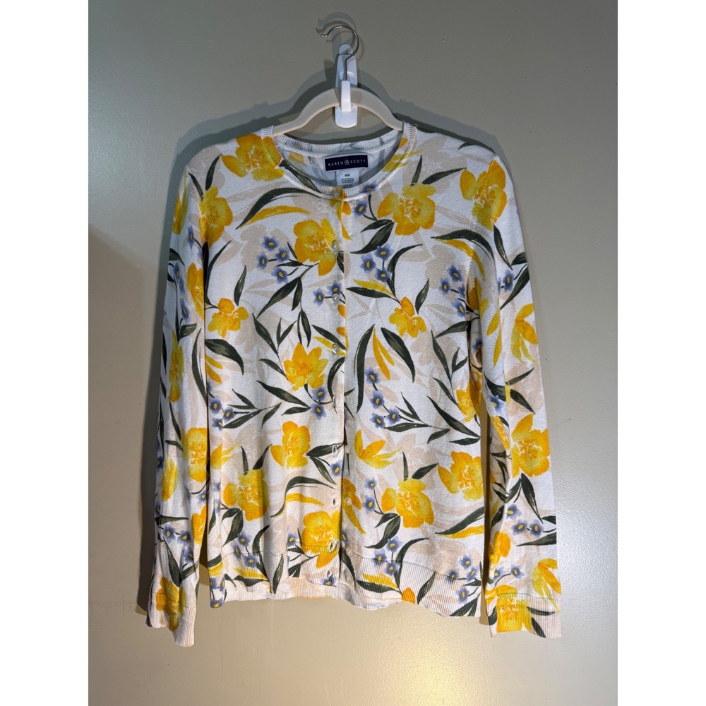 Karen Scott Yellow Floral Button Front Cardigan Sweater White Cottagecore